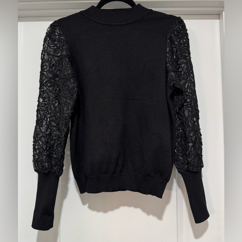 Nanette Lepore Black Sweater with Lace Embroidered Sleeves Size M